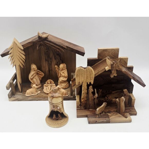Lot of 3 Bethlehem Nativity Scene - Olive Wood Creshe Resin Israel - Picture 1 of 11